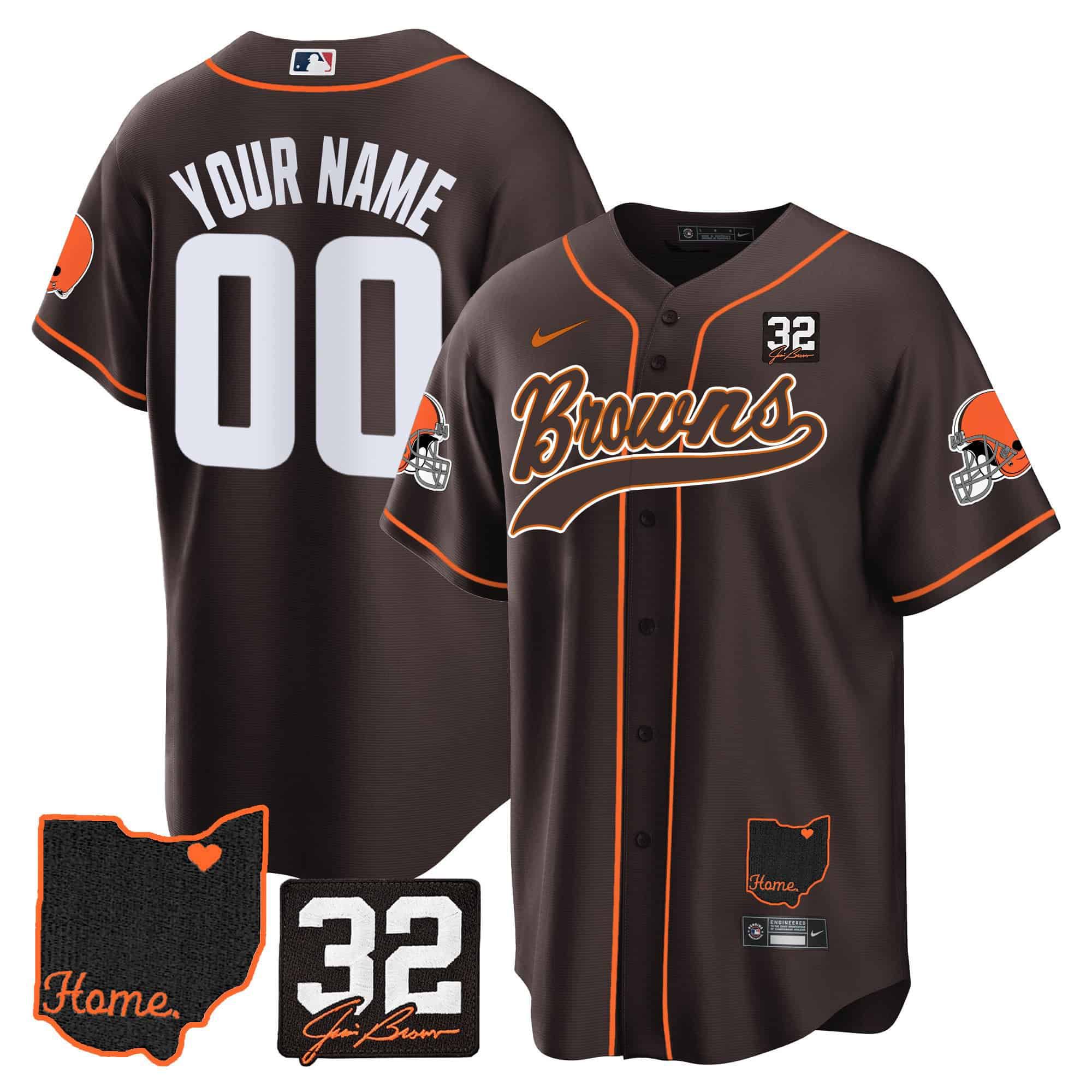 Men Cleveland Browns Brown #32 Jim Brown Memorial Home Patch Baseball Custom 2024 Nike NFL Jersey style 1